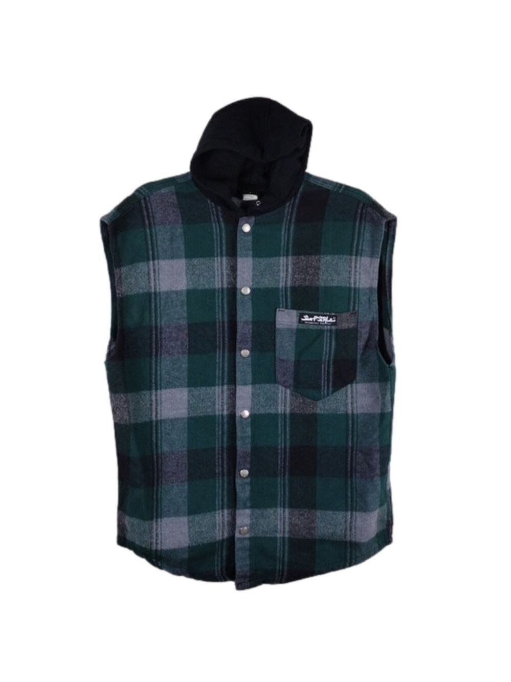 Surf Style Interplanetary Body Gear Green Windowpane Plaid Hooded Snap Up Vest